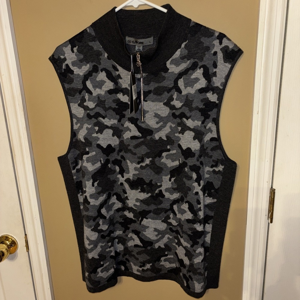 NWT $255 G/Fore Men's L Gray Camo Jacquard Merino Wool 1/4 Zip Sweater Vest Golf